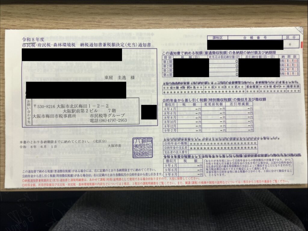 令和8年度 市民税・府民税・森林環境税 納税通知書